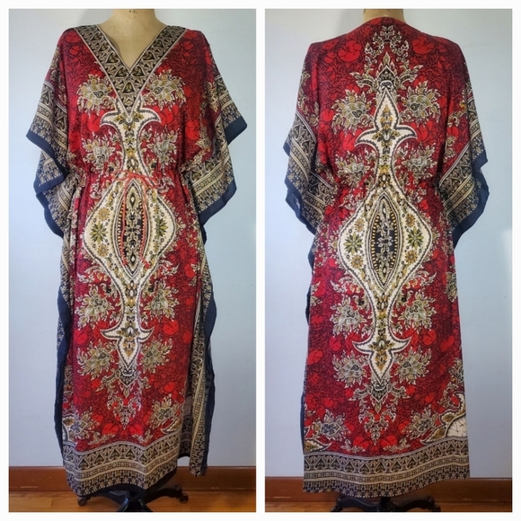 Cute Options Other - Cute Options Kaftan OS Drawstring Maxi Dress Paisley Boho Cover-up Red One Size